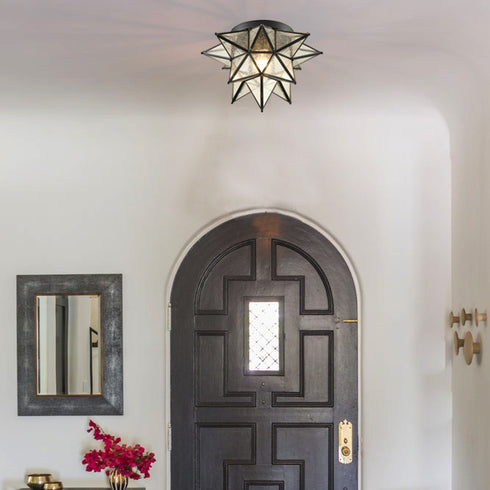 Seeded Glass Moravian Star Flush Mount Ceiling Light, 18-Inch, Black